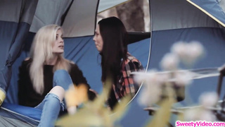 Adorable dykes, Charlotte Stokley and Lyra Law like to make enjoy in the nature, while camping