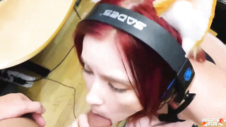 Crimson haired gamer wouldn't stop toying her games, even while getting banged from the back