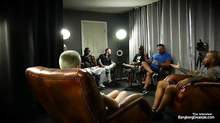 Brief haired dancer is dressed in sandals with high high-heeled slippers and stretching up broad for insatiable studs