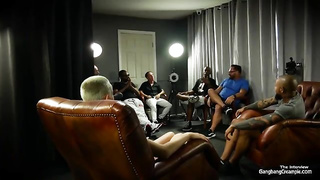 Brief haired dancer is dressed in sandals with high high-heeled slippers and stretching up broad for insatiable studs