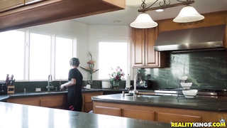 Super-Naughty dark-haired cougar, Alexis Fawx is deep throating a youthful guy’s big man sausage, while in the kitchen