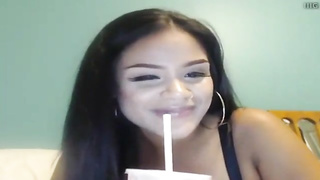 Huge-Chested, Brazilian brown-haired is delicately jacking in front of the web camera, late at night