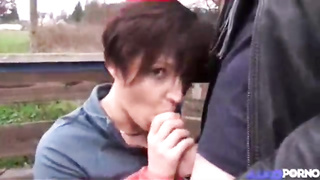 Mature brown-haired gave a blow-job to a junior man and got penetrated rock hard, in come back