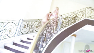 Slightly eighteen school damsel is porking a stud with a big knob, in an empty palace