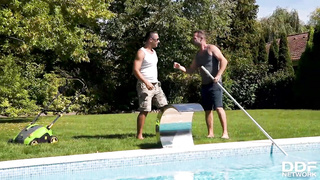 Fit platinum-blonde with giant, rock hard orbs is about to have super-naughty bang-out with 2 uber-sexy studs