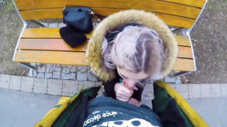 Super-Cute, blond nubile is providing an unbelievable fellatio to a kinky stranger, in a local park