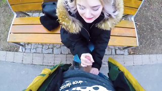 Super-Cute, blond nubile is providing an unbelievable fellatio to a kinky stranger, in a local park