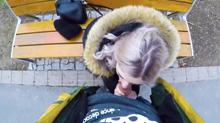 Super-Cute, blond nubile is providing an unbelievable fellatio to a kinky stranger, in a local park