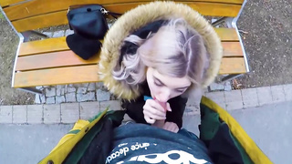 Super-Cute, blond nubile is providing an unbelievable fellatio to a kinky stranger, in a local park