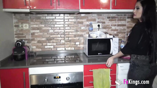 Handsome, Spanish black-haired with XXL melons gargled a monstrous, dark-hued trunk before she got smashed