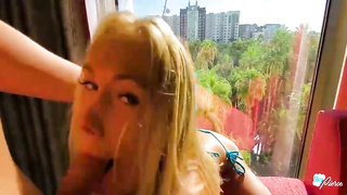 Ultra-Kinky towheaded gal, Sky Pierce is getting bashed from the back, in front of the camera