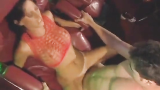 Muscled bastard with giant stick is romping his unexperienced super-bitch Lezley Zen on the couch