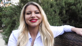 Ravishing light-haired lady with crimson lips and humungous body loves to have fucky-fucky with her schoolgirls