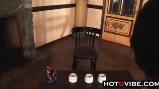 Diminutive boobed stunner is massaging her twat and splashing while spunking, in front of a nasty boy