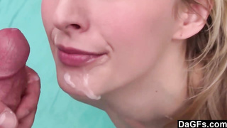 Lovely towheaded lady is opening up her gams broad open for a random stranger, because she is insatiable