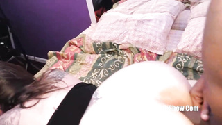 Ebony guy is bellowing while a obese, milky whore is gargling his spear and getting ravaged