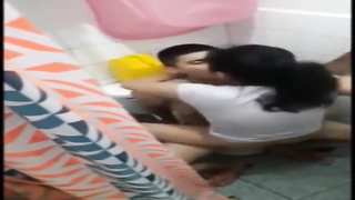 Tatted guy is humping a bitchy woman in the douche and getting prepared to jizm