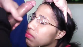 Puny dame with dark-hued hair, braces and glasses is deepthroating cock deeper than ever before