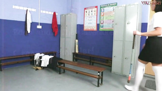 Whorey black-haired college girl is providing a deep sucky-sucky to a random boy, in the switching apartment