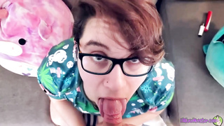 Obese, fledgling brown-haired with glasses is deep throating pipe like a real professional and liking it a bunch