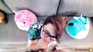 Obese, fledgling brown-haired with glasses is deep throating pipe like a real professional and liking it a bunch