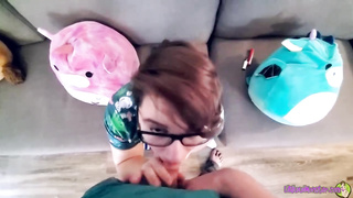 Obese, fledgling brown-haired with glasses is deep throating pipe like a real professional and liking it a bunch