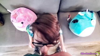 Obese, fledgling brown-haired with glasses is deep throating pipe like a real professional and liking it a bunch