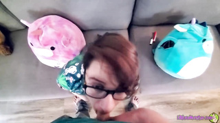 Obese, fledgling brown-haired with glasses is deep throating pipe like a real professional and liking it a bunch