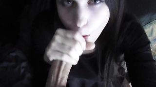 First-Timer black-haired, Bunnybutt is deepthroating the thickest sausage she has ever seen and hoping a facial cumshot