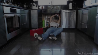 Epic black-haired with giant orbs, Krissy Lunn took off her satin bathrobe and got poked firm