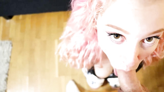 Enrapturing dame with pinkish hair, Amadani is getting down on all fours in front of her boy and deep-throating his boner