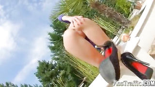 Fantastic brown-haired with lengthy gams was dressed in blue sundress before she got her taut arse banged