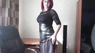 Russian sandy-haired in a ebony, lacy sundress is about to have fun with her puss, until she shoots a load