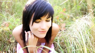 Petite jugged brown-haired got nude in the nature and embarked rubbin' herself and liking it