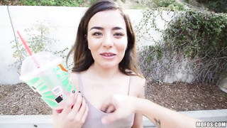 Flirty, fledgling teenager dark-haired with a pierced tongue is about to get drilled from the back