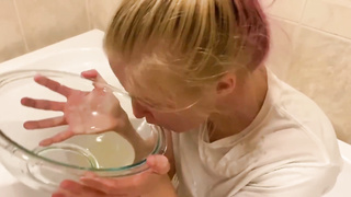 Beautiful blond got pee all over her face and then swallowed some before getting porked