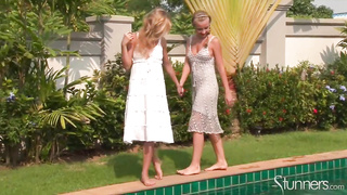 Naked ash-blonde women are energetically making enjoy next to the swimming pool, in the afternoon