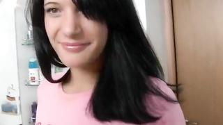 Sensuous black-haired is getting on all fours in front of a boy she just faced and inhaling his ginormous pink cigar