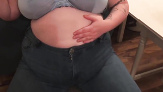 Meaty fuckslut, Alice is licking and demonstrating her large abdomen, in front of the camera