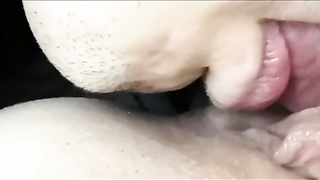 Naughty chick is yelling while getting her pinkish cooch gobbled, in front of the camera