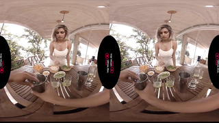 Wild towheaded is massaging her drenching moist cunt in VR and stretching up to get ravaged