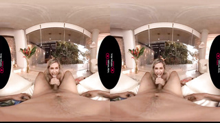 Wild towheaded is massaging her drenching moist cunt in VR and stretching up to get ravaged