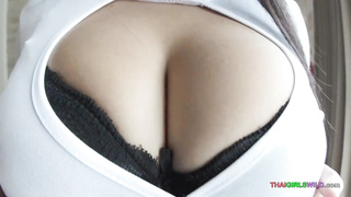 Thai dark-haired with ginormous udders is providing a deep oral to her paramour, to satisfy him