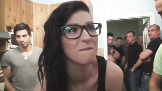 Ponytailed black-haired with petite, innate hooters is getting smashed and creampied by a gang of fellows