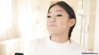 Racy ash-blonde teenage is tonguing fuckbox and listening to her Japanese gf's groans and breathes