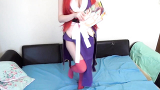 Crimson haired stunner, Erza Scarlet is using a phat faux-cock while fapping in front of the camera