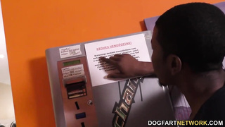 Ebony boy is shagging Aletta Ocean's booty after getting a blowage from her, in the laundry studio