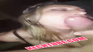 Sultry ash-blonde damsel with crimson lips is deepthroating a stranger's shaft, not even knowing his name