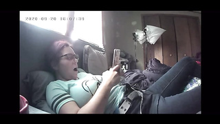 Buxom, unexperienced cougar with glasses was caught on gauze while she was jerking in her guest room