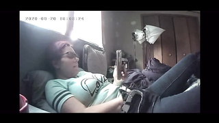 Buxom, unexperienced cougar with glasses was caught on gauze while she was jerking in her guest room